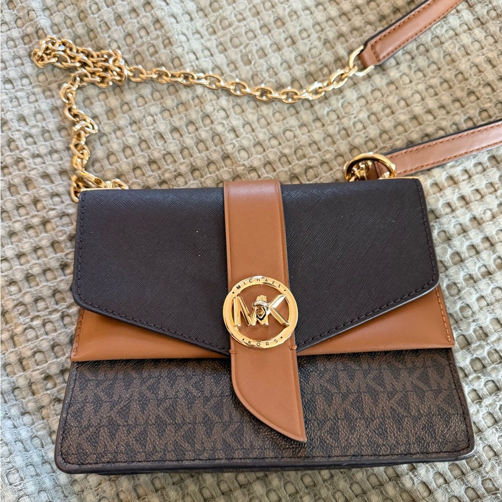 Michael Kors Black and Brown Logo Chain Crossbody Bag